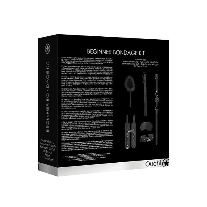 Shots Ouch Beginners Bondage Kit in Black with ball gag, cuffs, flogger, feather tickler, and eye mask.