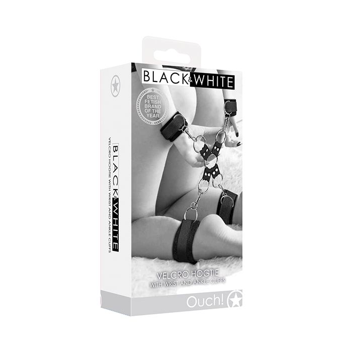 Shots Ouch Black & White Velcro Hogtie Hand & Ankle Cuffs on a white background