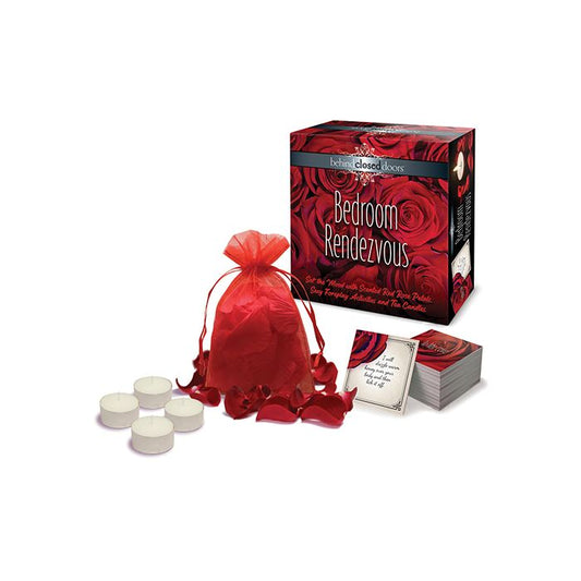 Behind Closed Doors Bedroom Rendezvous set with rose petals, foreplay cards, and tea candles.