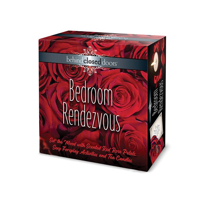 Behind Closed Doors Bedroom Rendezvous set with rose petals, foreplay cards, and tea candles.