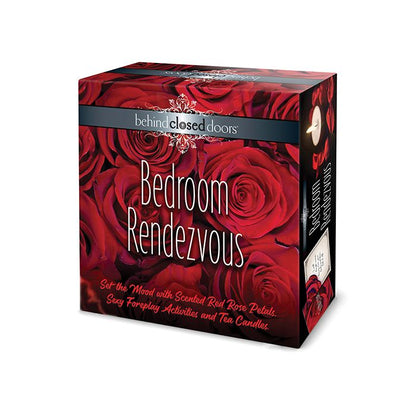 Behind Closed Doors Bedroom Rendezvous set with rose petals, foreplay cards, and tea candles.