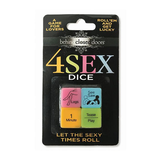 Behind Closed Doors 4 Sex Dice in vibrant green, enticing orange, and seductive pink colors