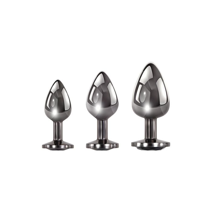 Evolved Black Gem Anal Plug Set with varying sizes and sparkling black gem