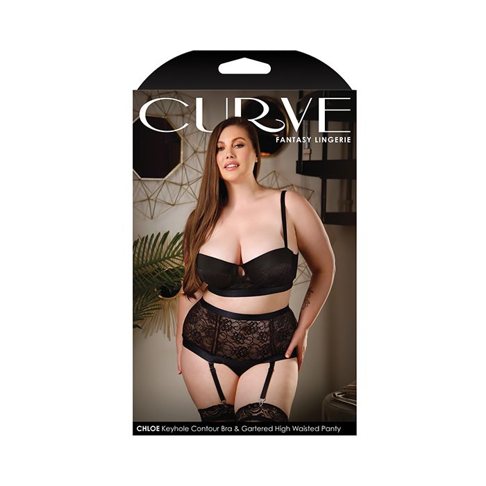 Curve Chloe Black Lace Bra with High-Waist Panty and Detachable Garters