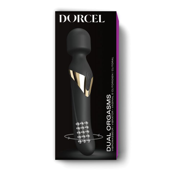 Dorcel Dual Orgasms Wand in black and gold with multiple modes for triple stimulation.