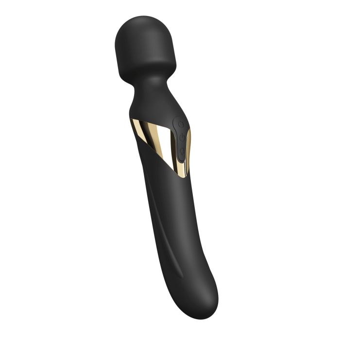 Dorcel Dual Orgasms Wand in black and gold with multiple modes for triple stimulation.