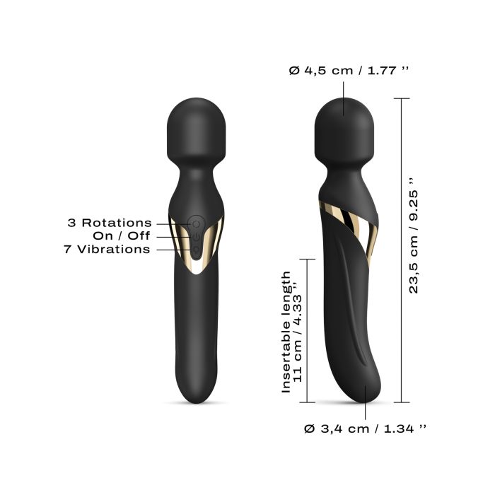 Dorcel Dual Orgasms Wand in black and gold with multiple modes for triple stimulation.