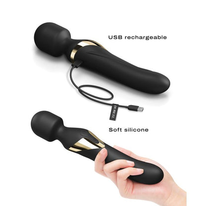 Dorcel Dual Orgasms Wand in black and gold with multiple modes for triple stimulation.