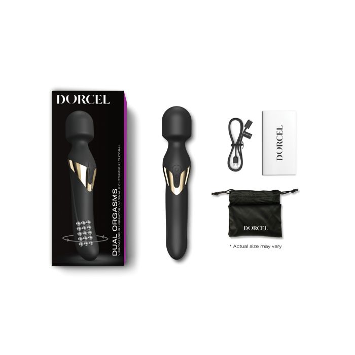 Dorcel Dual Orgasms Wand in black and gold with multiple modes for triple stimulation.