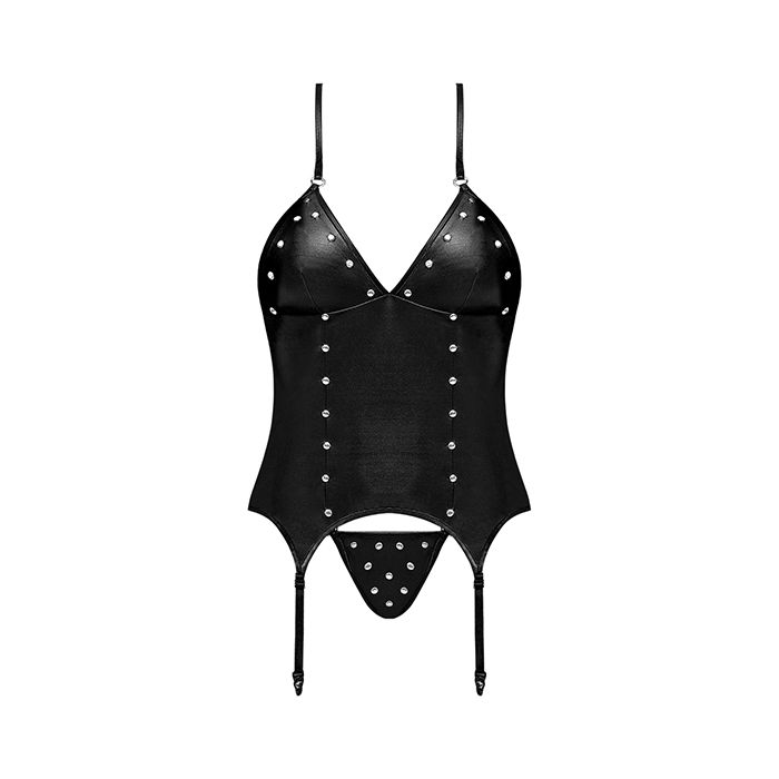 Lust Madame Corset with Metal Garters and Matching G-string in Black