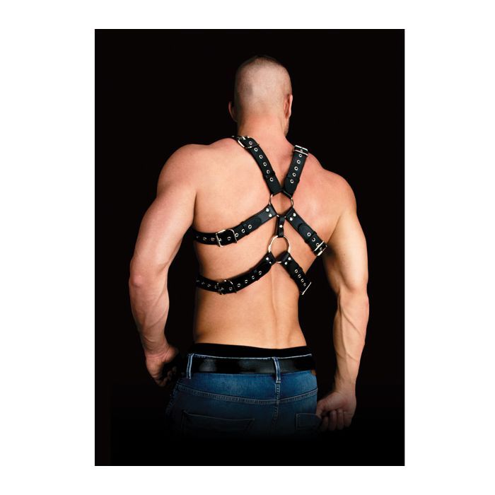 Ouch! Andreas Black Leather Body Harness on a mannequin, showcasing its design and fit