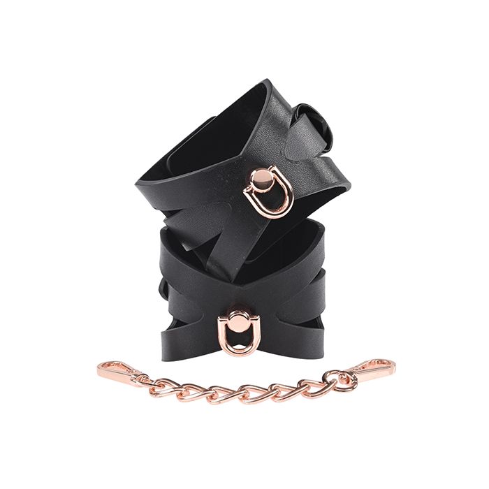 Sex & Mischief Brat Handcuffs with corset-like cutouts and rose gold chain