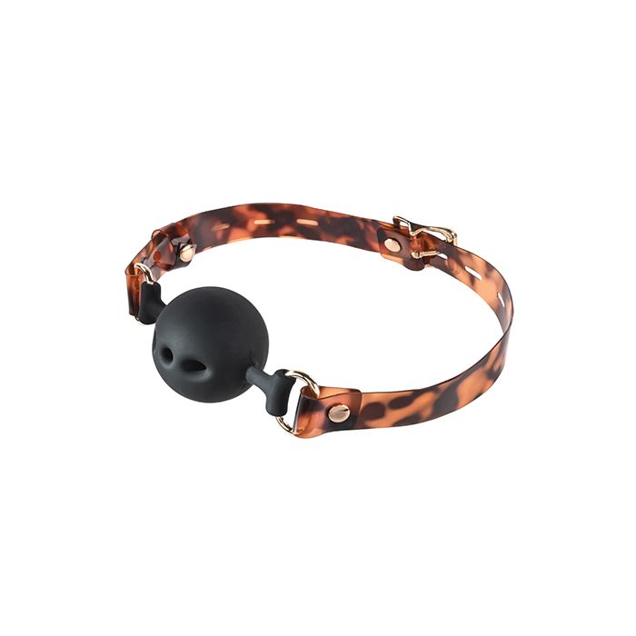 Sincerely Amber Luxury Ball Gag with gold accents on a black background.